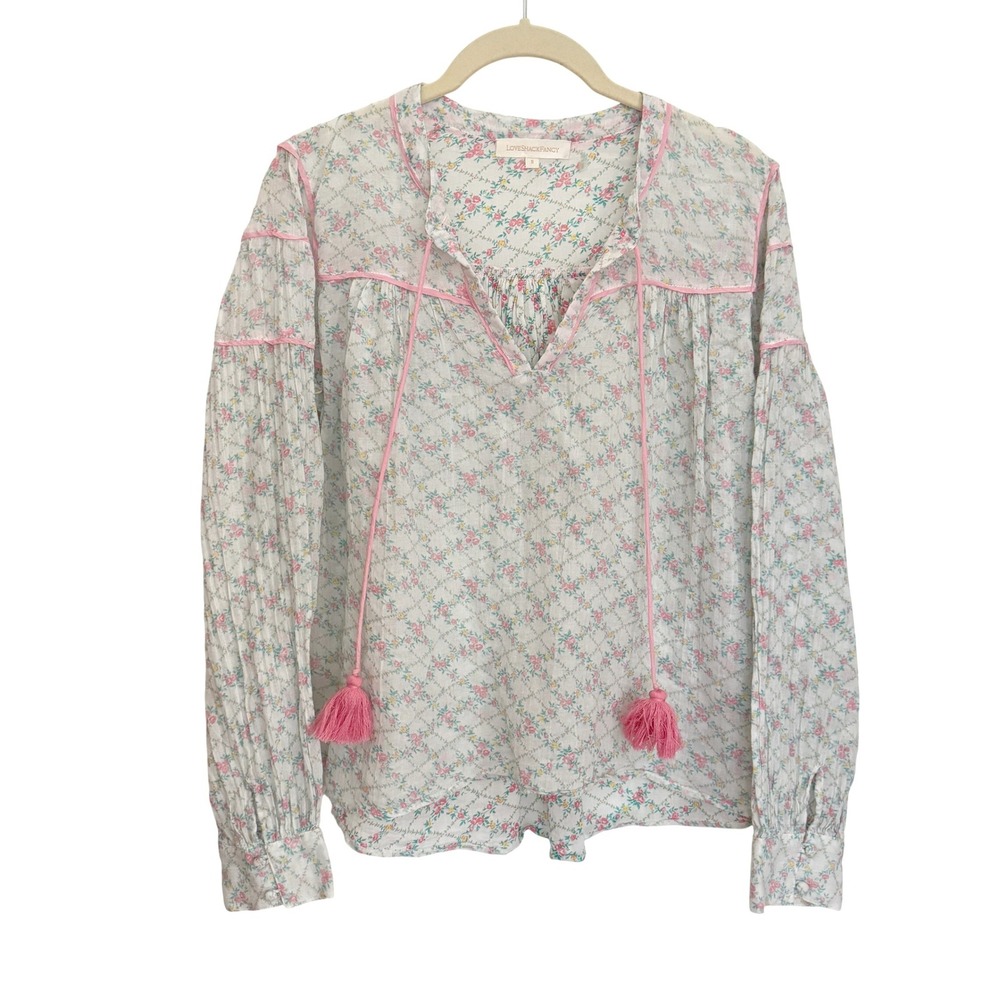 LoveShackFancy Floral Prairie Peasant Blouse White Pink Tassel Tie Cotton Top S